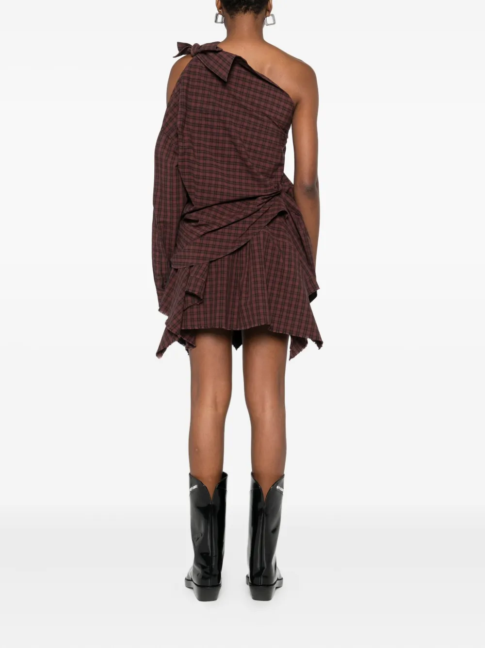 Alexander Wang One-shoulder Checked-pattern Mini Dress In Brown