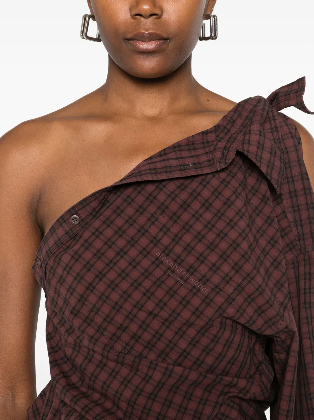 Alexander Wang One-shoulder Checked-pattern Mini Dress In Brown