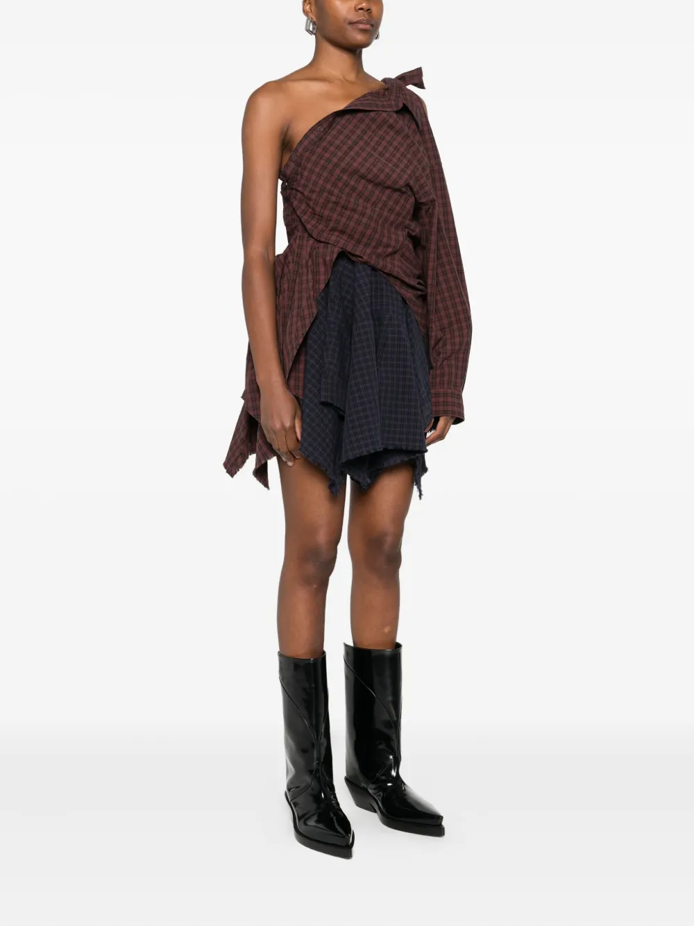 Alexander Wang One-shoulder Checked-pattern Mini Dress In Brown