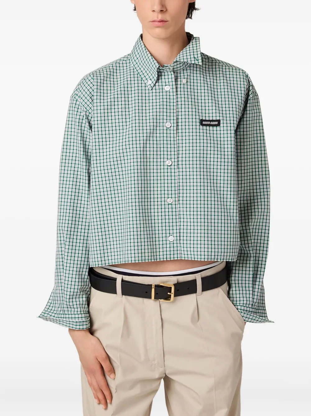 Miu Gingham-check cropped shirt Groen