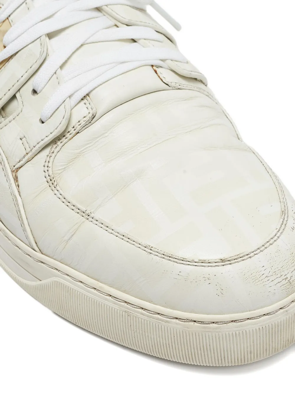 Pre-owned Fendi Leather Signature Zucca Monogram Pattern Sneakers In White