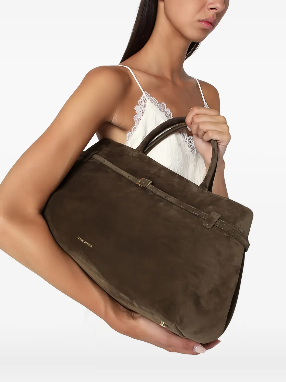 Manu Atelier Buckle-fastening Suede Tote Bag In Brown