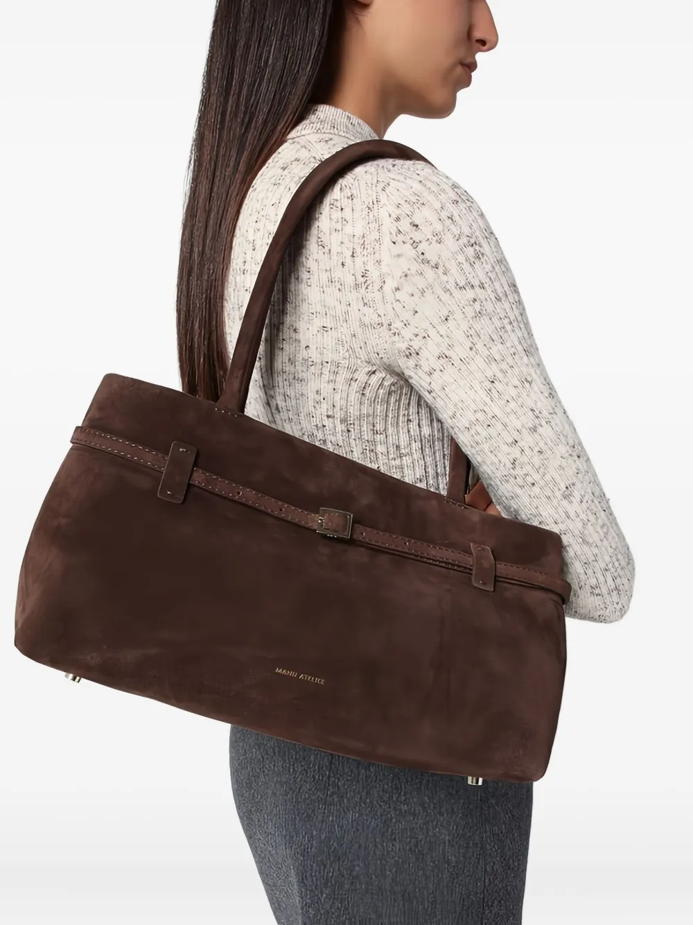 Manu Atelier Le Cambon East West suede shoulder bag Bruin