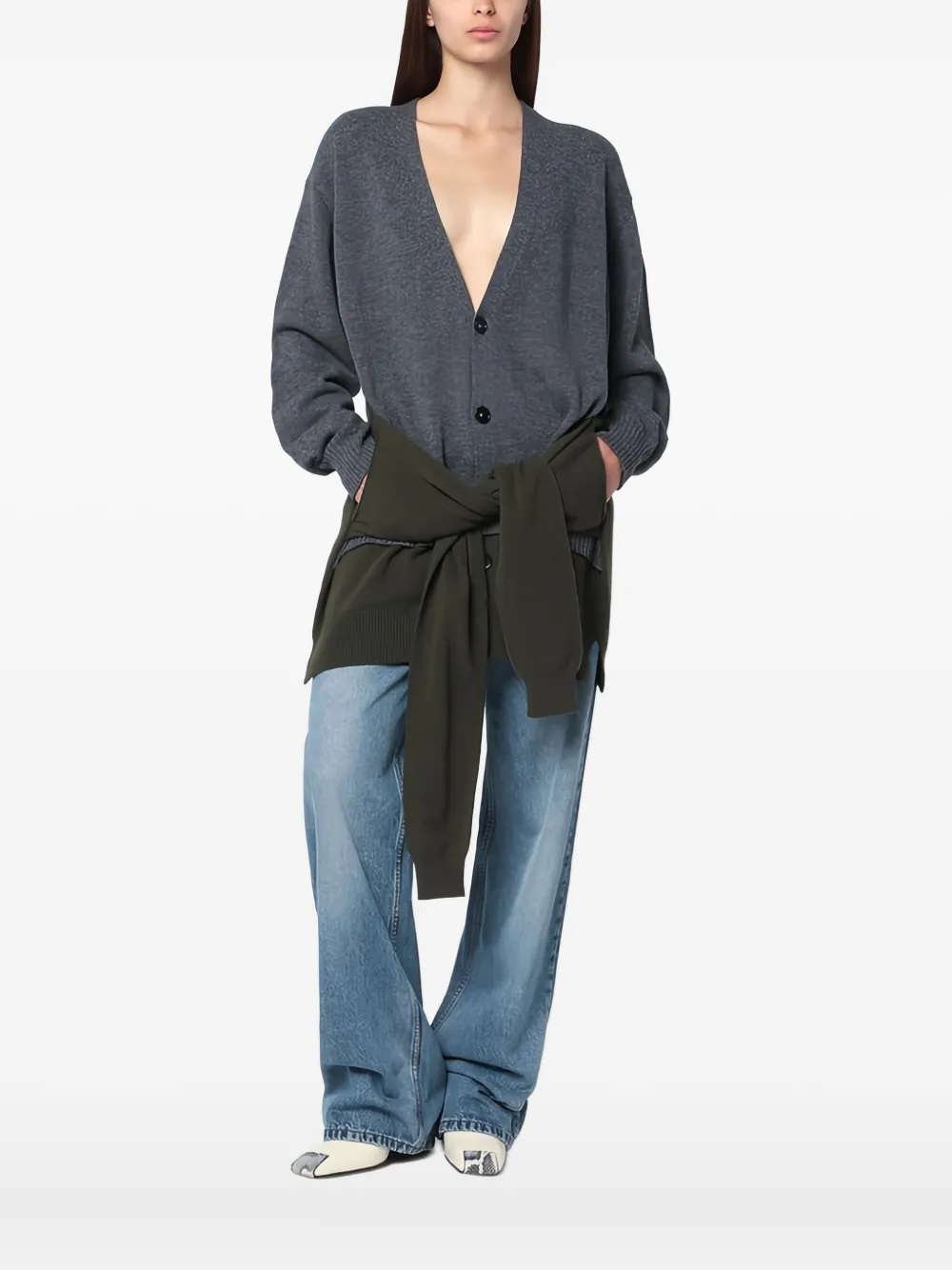 Stella Mccartney Crossed Sleeves V-neck Cardigan With Ribbed Cuffs In Gray