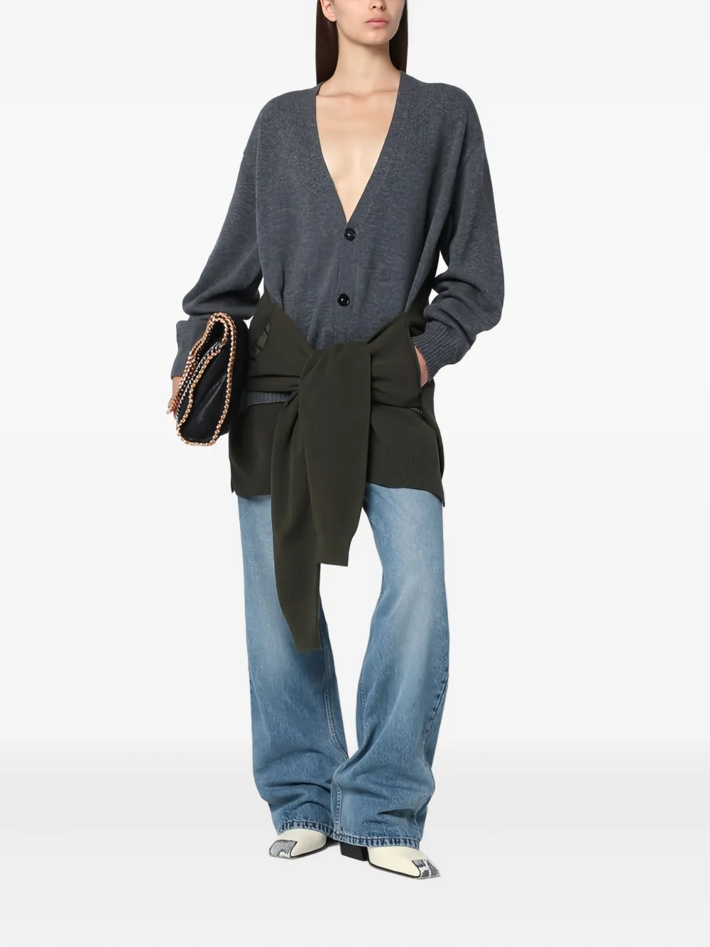 Stella Mccartney Crossed Sleeves V-neck Cardigan With Ribbed Cuffs In Gray
