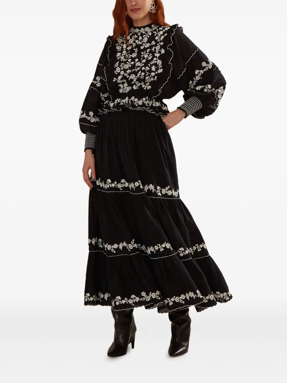 FARM Rio embroidered tiered midi skirt Zwart