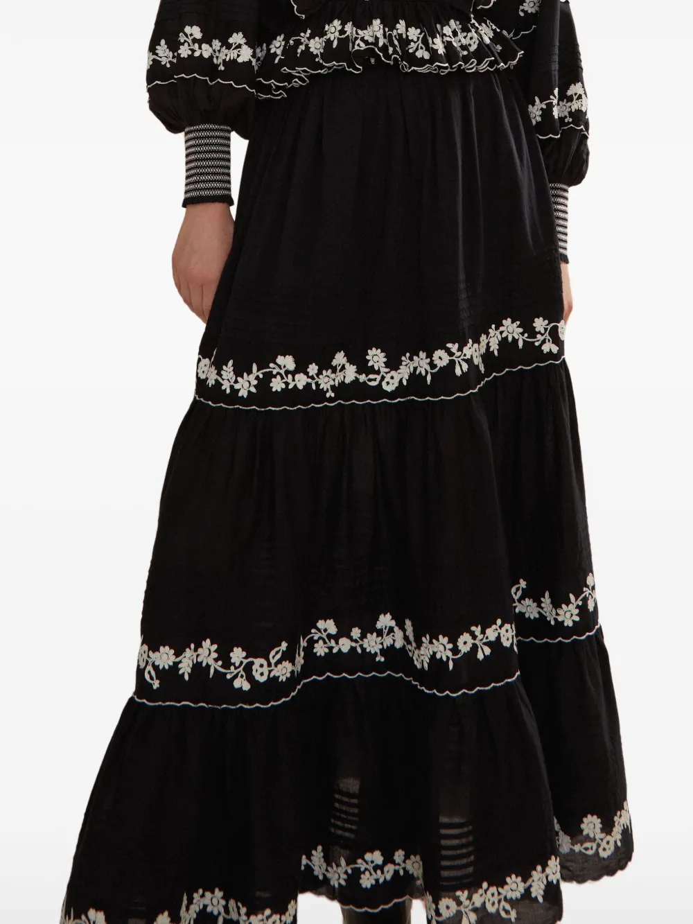 FARM Rio embroidered tiered midi skirt Zwart
