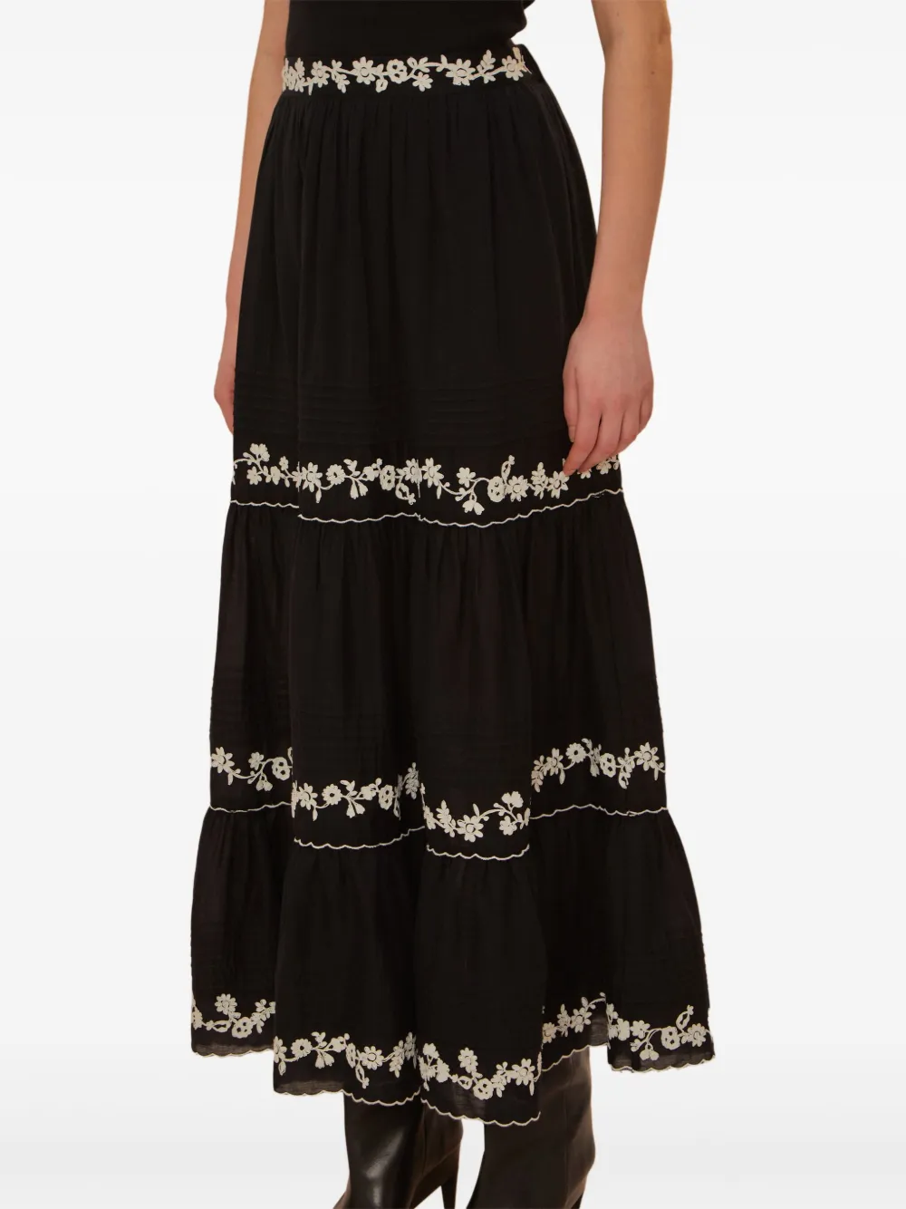 FARM Rio embroidered tiered midi skirt Zwart