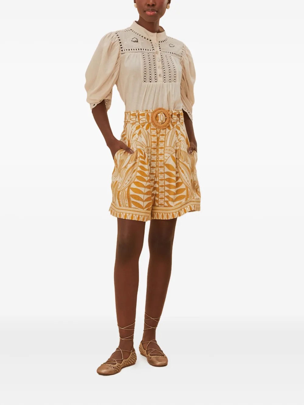 FARM Rio Knielange shorts met bladerprint en ceintuur Oranje