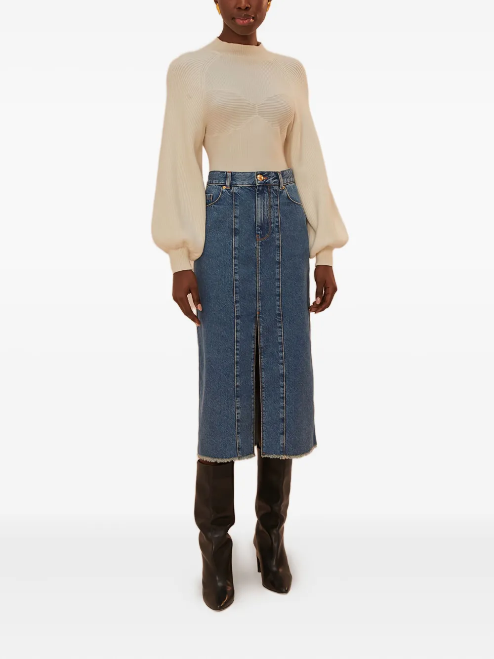 Farm Rio Denim Panelled Midi Skirt In Blue