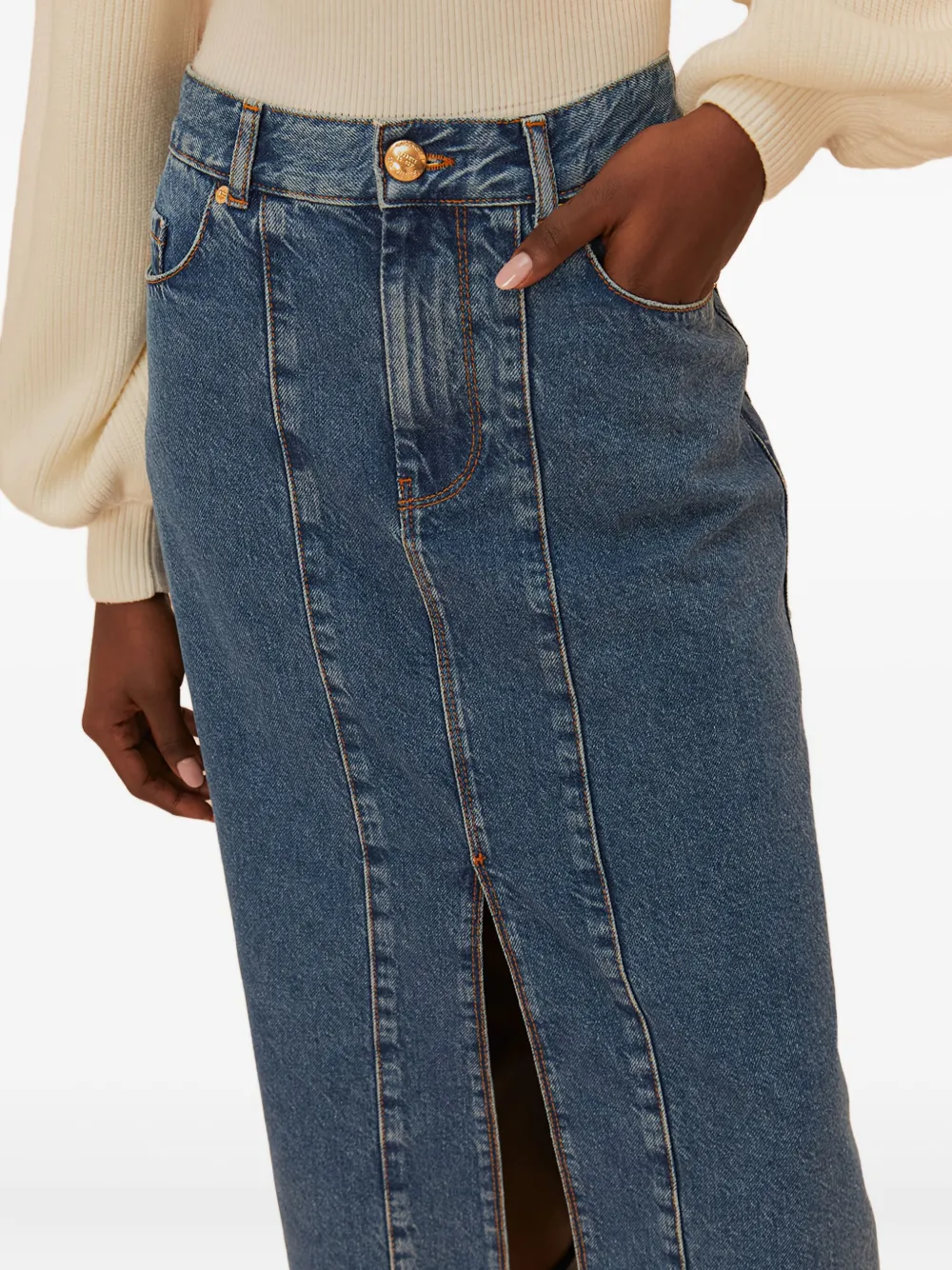 Farm Rio Denim Panelled Midi Skirt In Blue