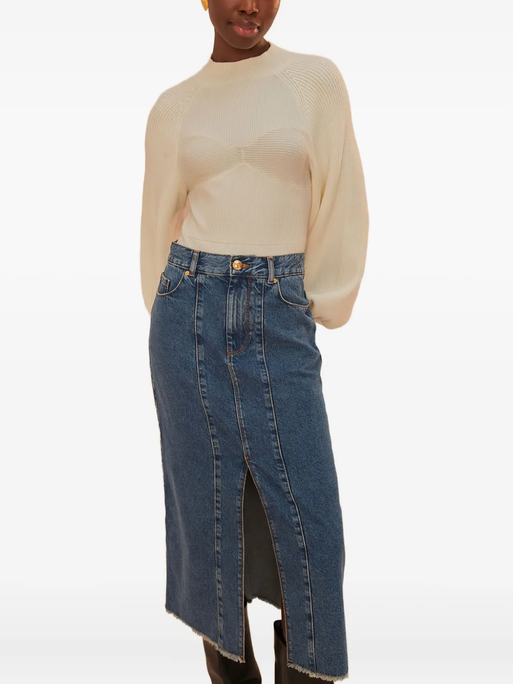 Farm Rio Denim Panelled Midi Skirt In Blue