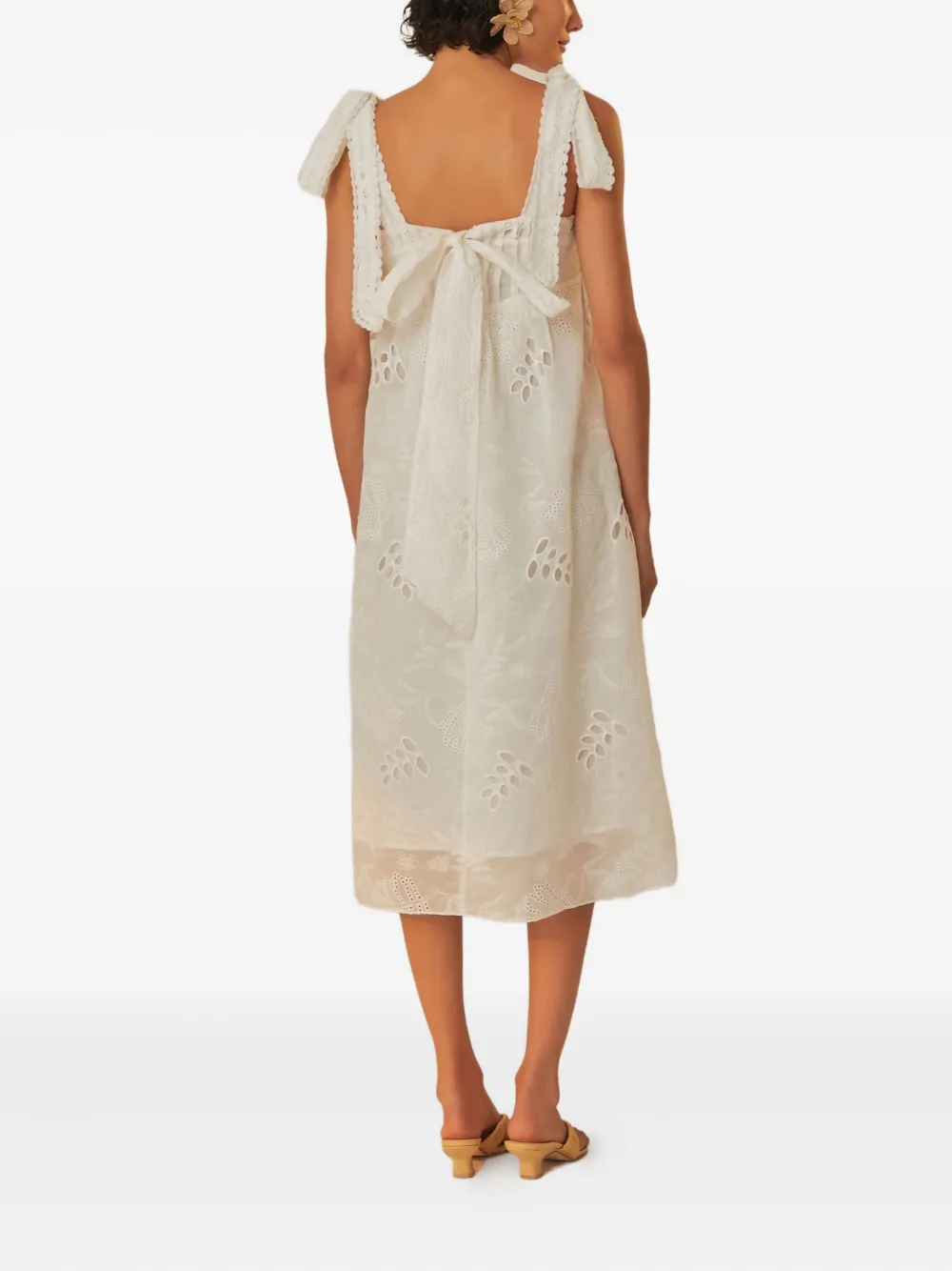 FARM Rio Midi-jurk met gestrikte schouders en geborduurde ringlets Wit