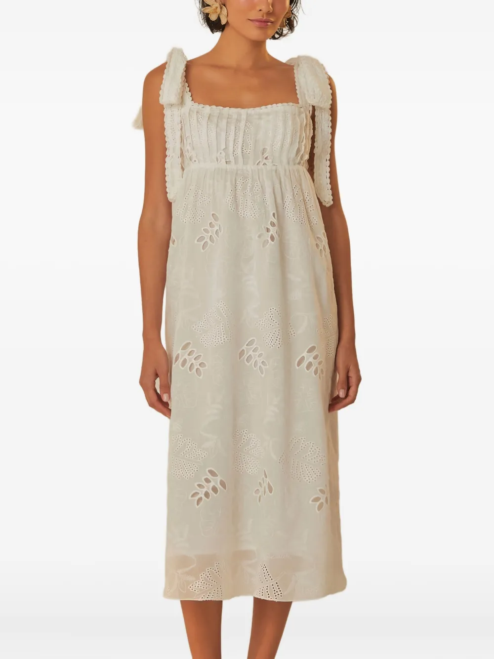 Farm Rio Eyelet-embroidered Tie-shoulder Midi Dress In White