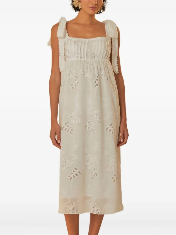 FARM Rio eyelet-embroidered tie-shoulder Midi Dress | White | FARFETCH