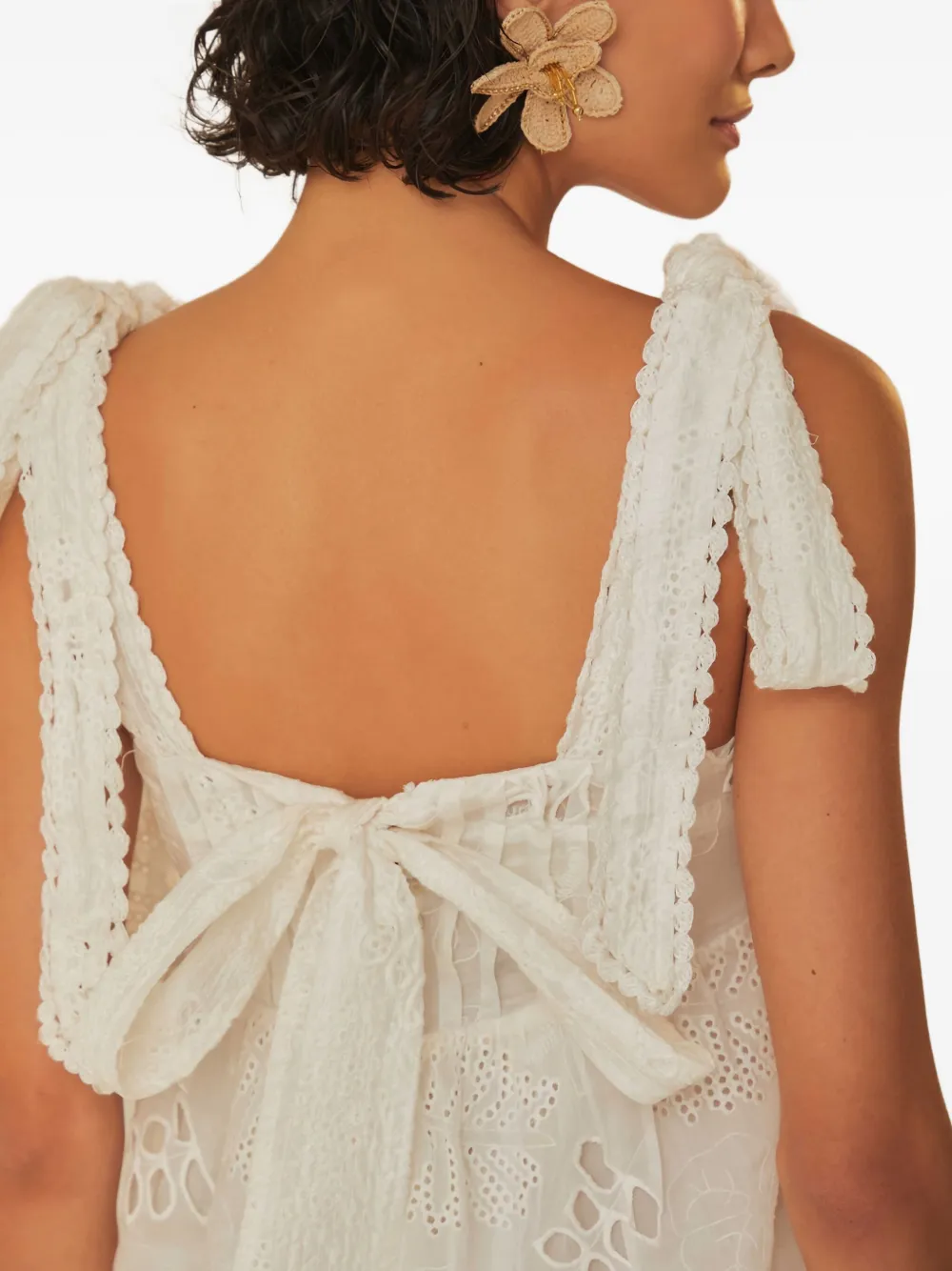 FARM Rio Midi-jurk met gestrikte schouders en geborduurde ringlets Wit