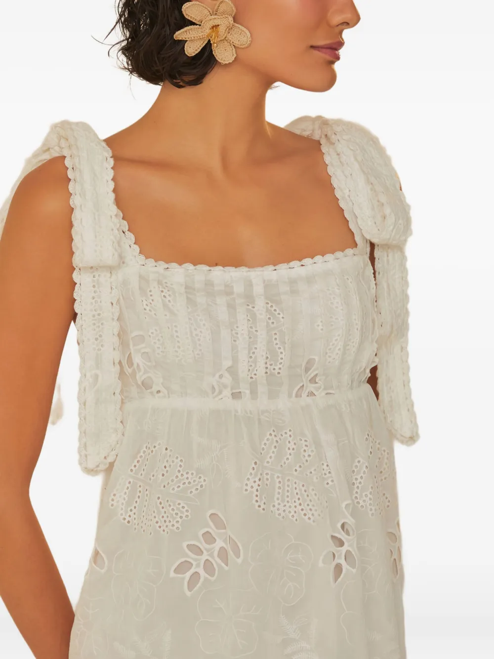 FARM Rio Midi-jurk met gestrikte schouders en geborduurde ringlets Wit