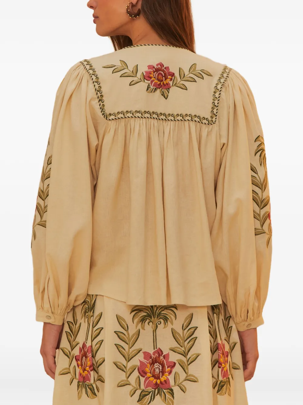 FARM Rio Blouse met geborduurde tropische bloem - Beige