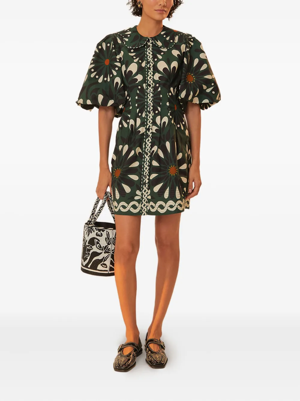 FARM Rio Ainika Flowers Peter Pan-collar puff-sleeve mini dress - Groen