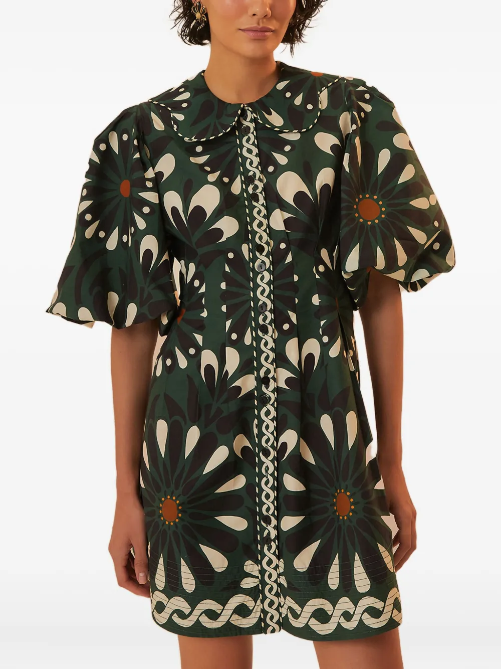 FARM Rio Ainika Flowers Peter Pan-collar puff-sleeve mini dress Groen