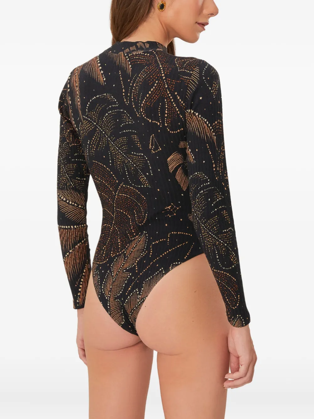 FARM Rio leaf-print ribbed top Zwart