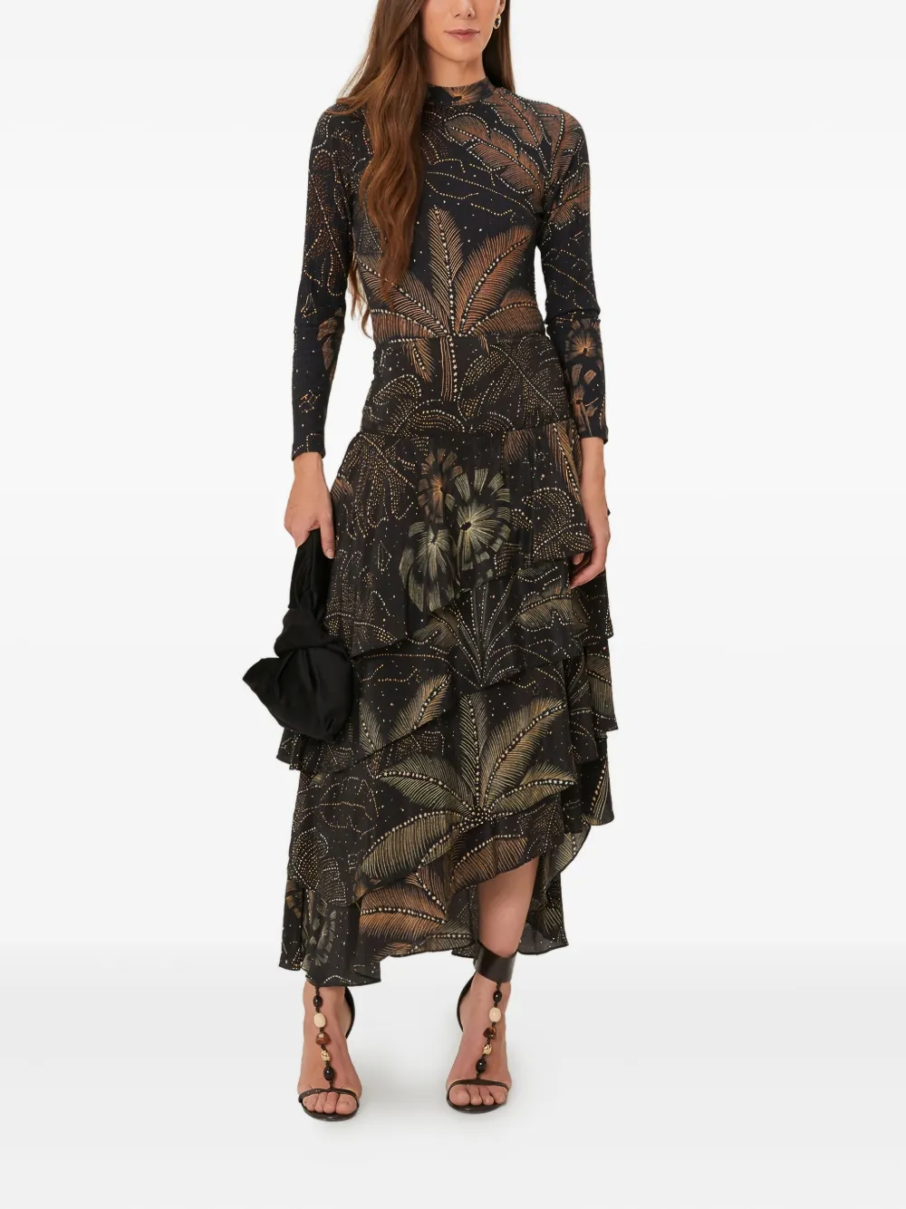 FARM Rio leaf-print ribbed top Zwart
