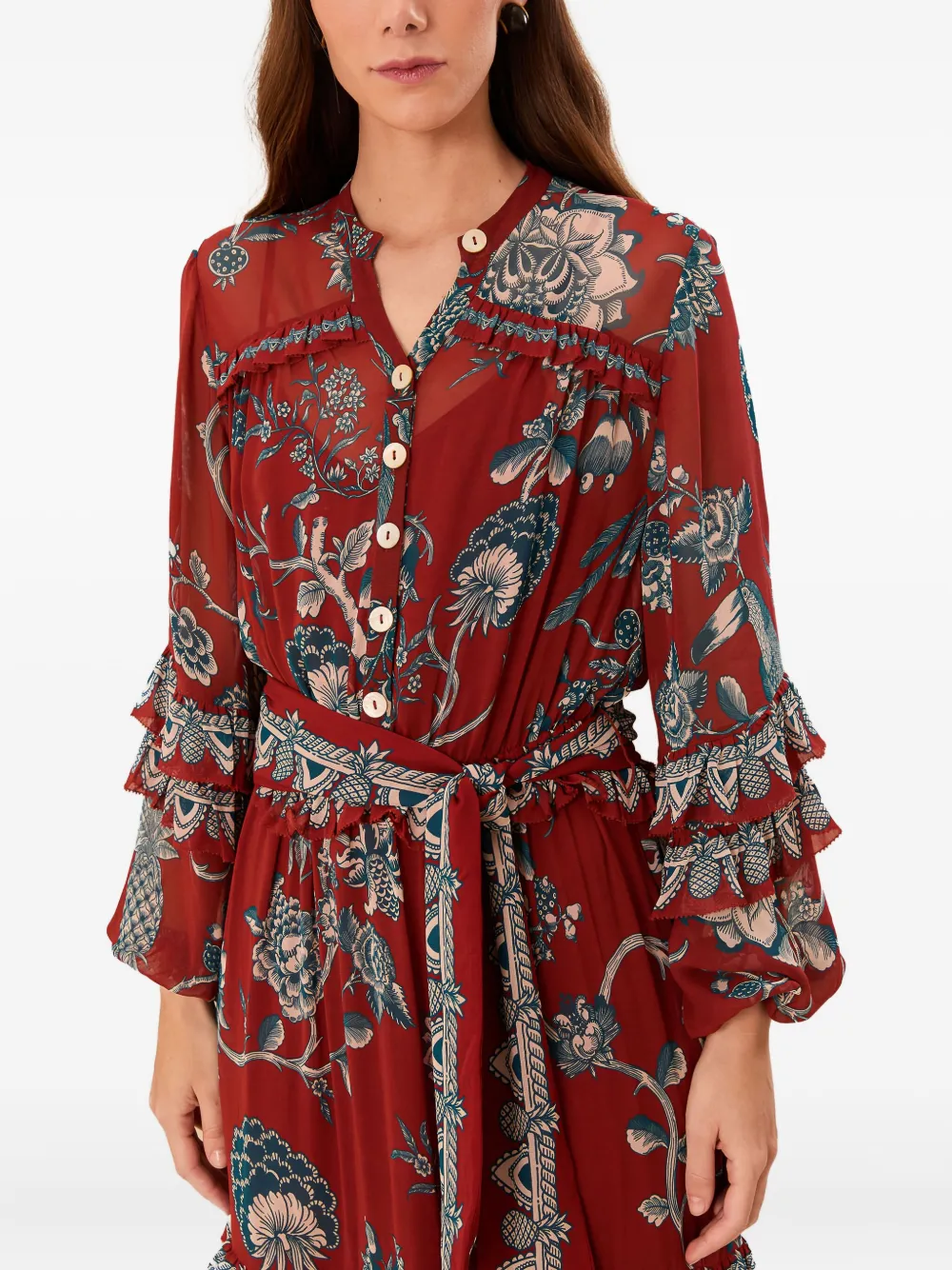 FARM Rio Midi-jurk met bloemenprint en ruches Rood