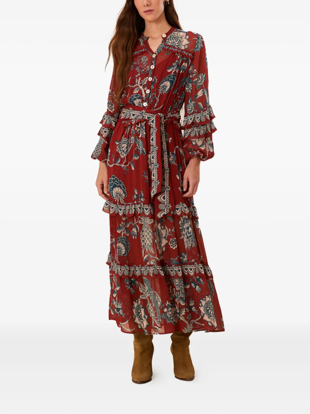 FARM Rio Midi-jurk met bloemenprint en ruches Rood