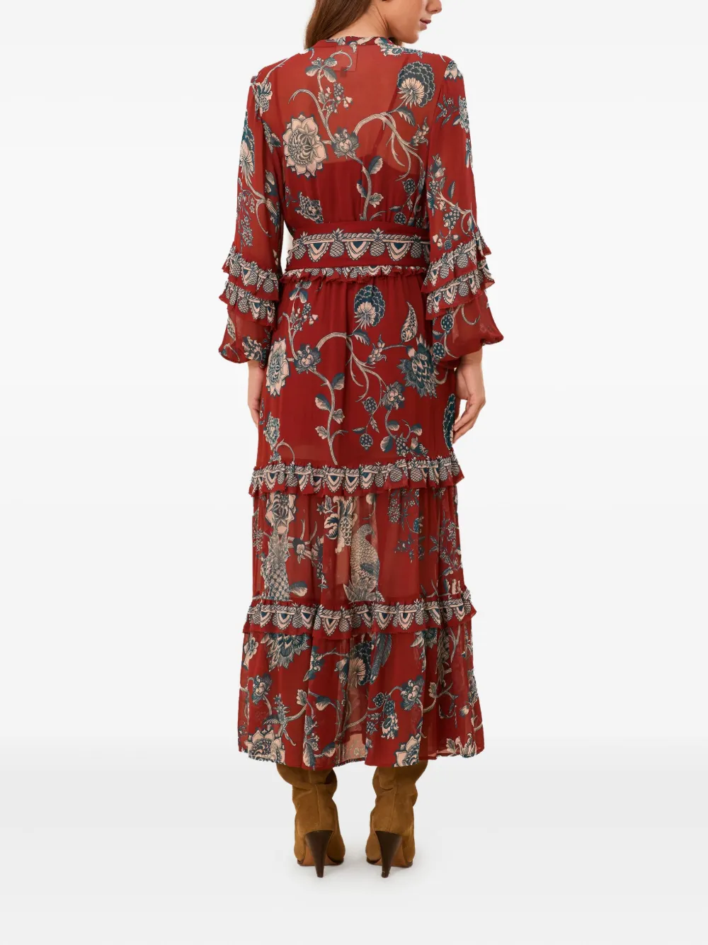 FARM Rio Midi-jurk met bloemenprint en ruches - Rood