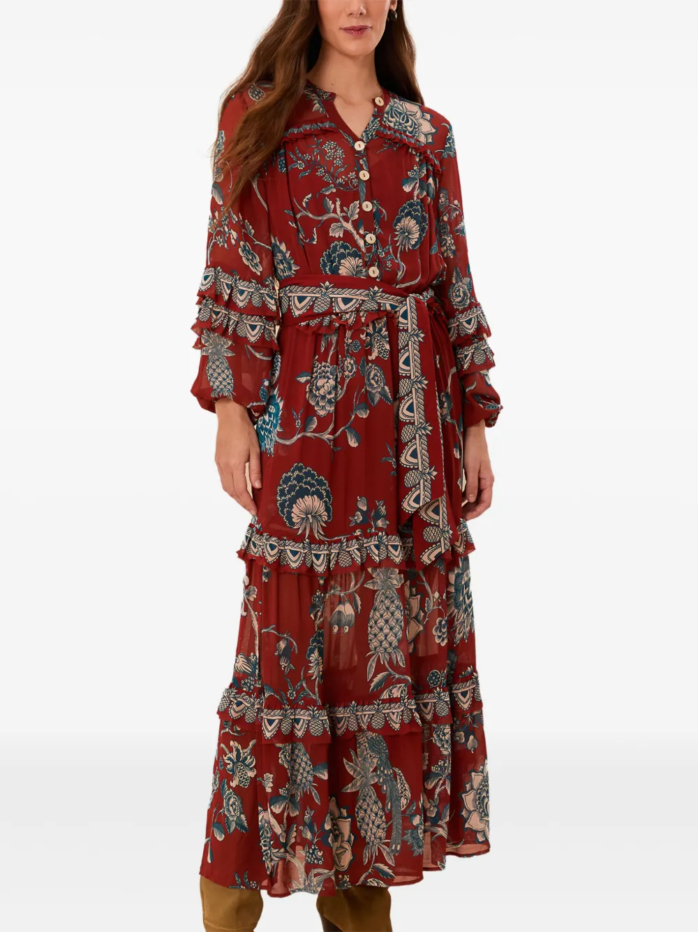 FARM Rio Midi-jurk met bloemenprint en ruches Rood