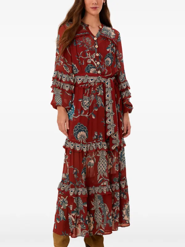 FARM Rio Robe mi-longue Volantée à Fleurs Rouge FARFETCH MA