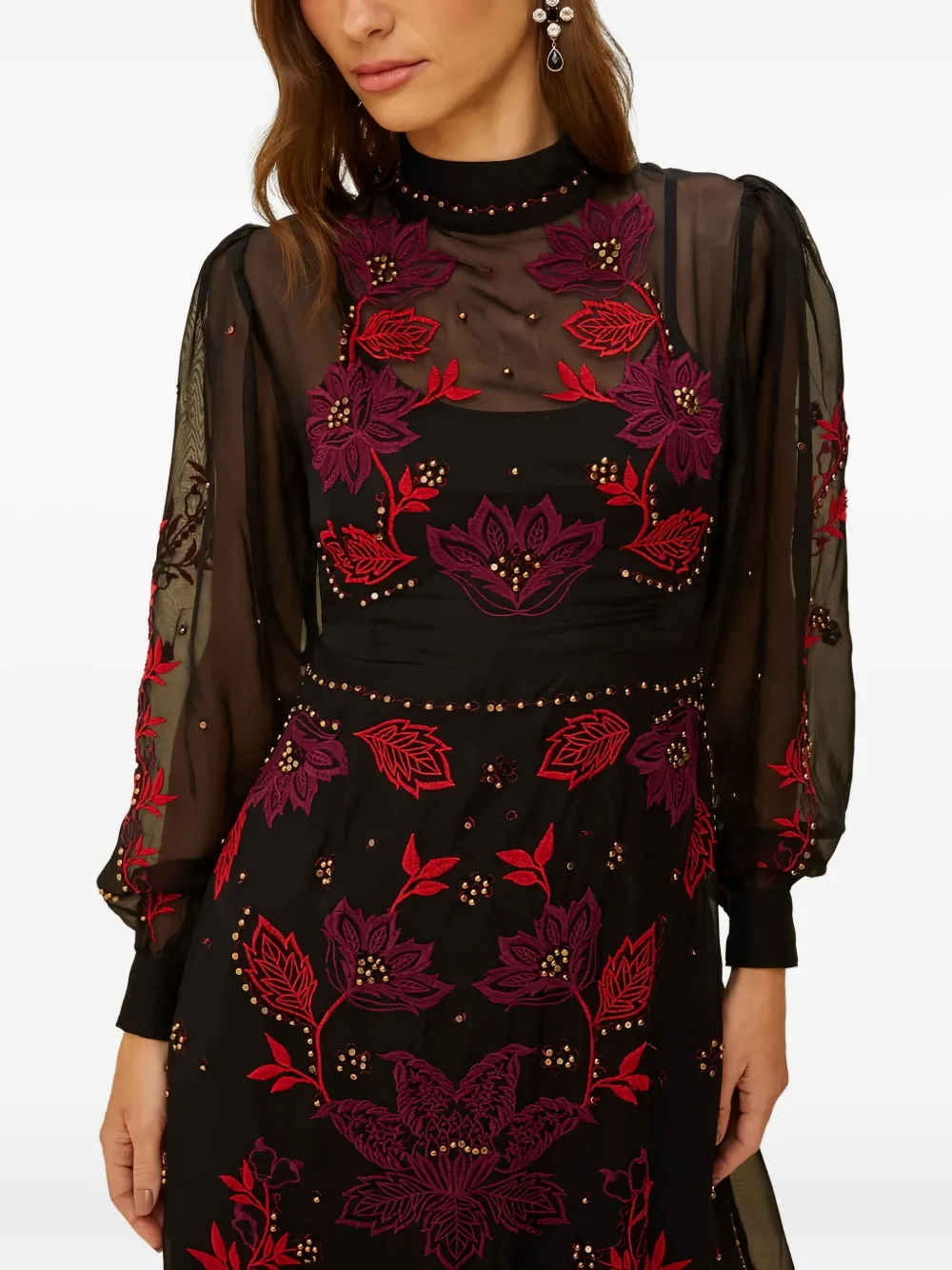 Farm Rio Embroidered Embellished Dress In Black