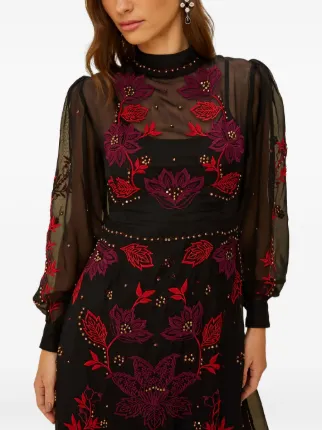 farm rio embroidered long-sleeve dress Black Bold Flowers Long Sleeve Midi Dress