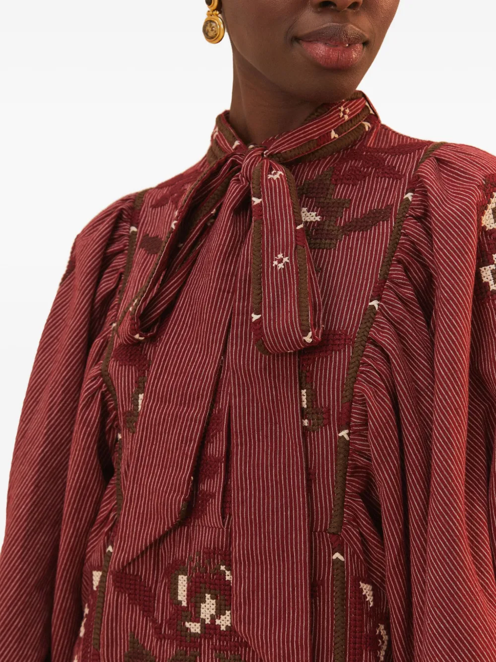 FARM Rio Toucans Scarf embroidered puff-sleeve midi dress Rood