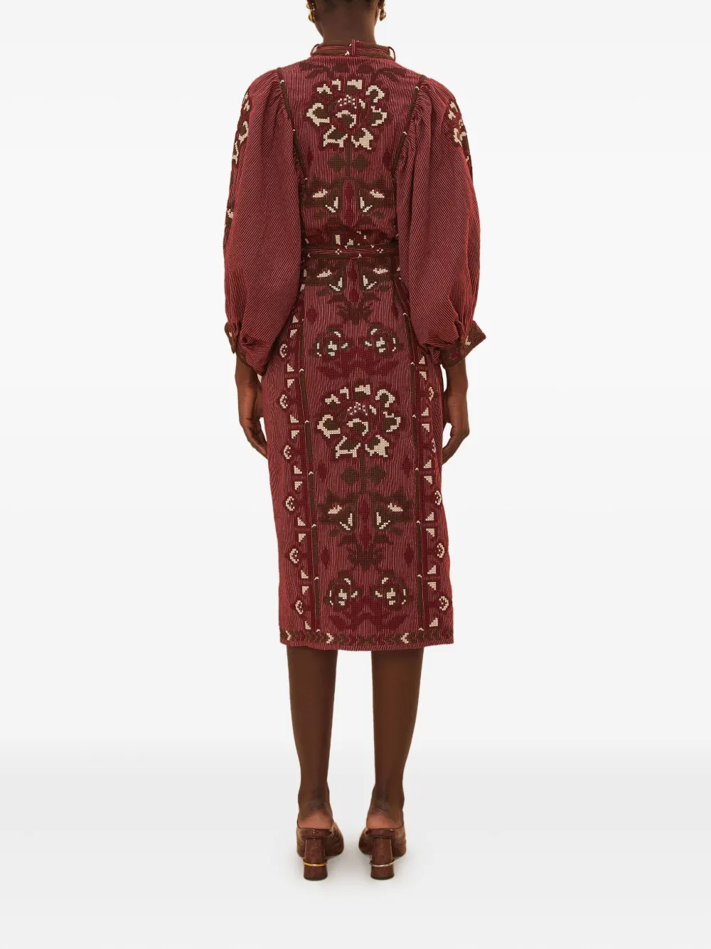 FARM Rio Toucans Scarf embroidered puff-sleeve midi dress Rood