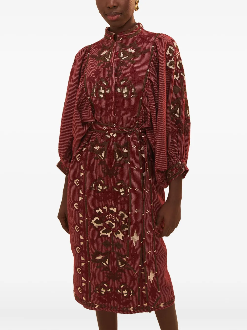 FARM Rio Toucans Scarf embroidered puff-sleeve midi dress Rood