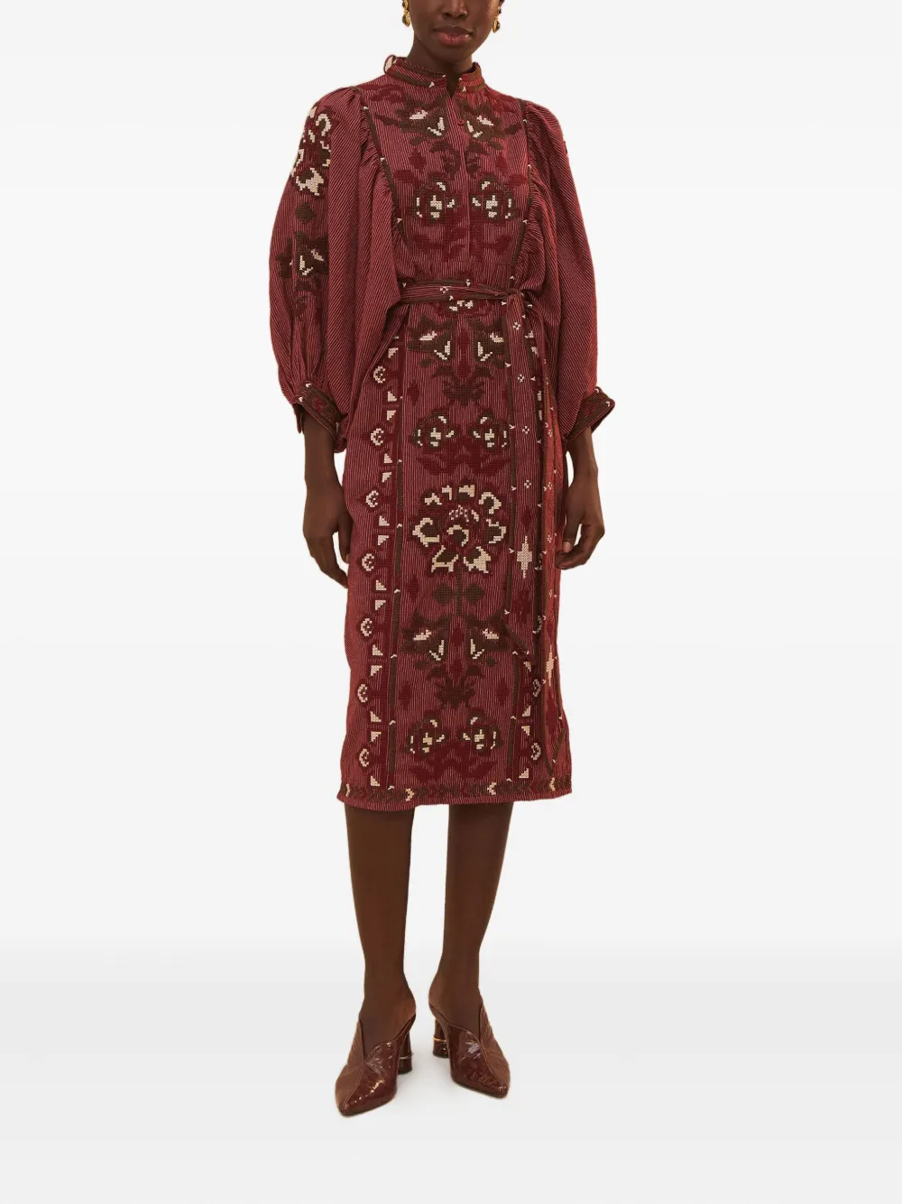 FARM Rio Toucans Scarf embroidered puff-sleeve midi dress Rood