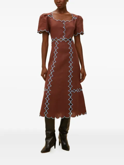 FARM Rio scalloped-trim linen midi dress