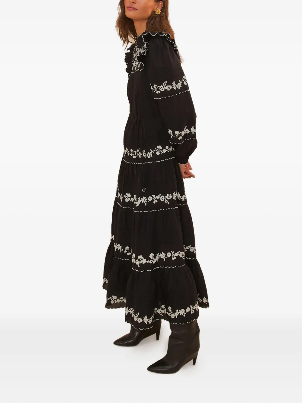 FARM Rio floral-embroidered tiered ruffle dress Zwart