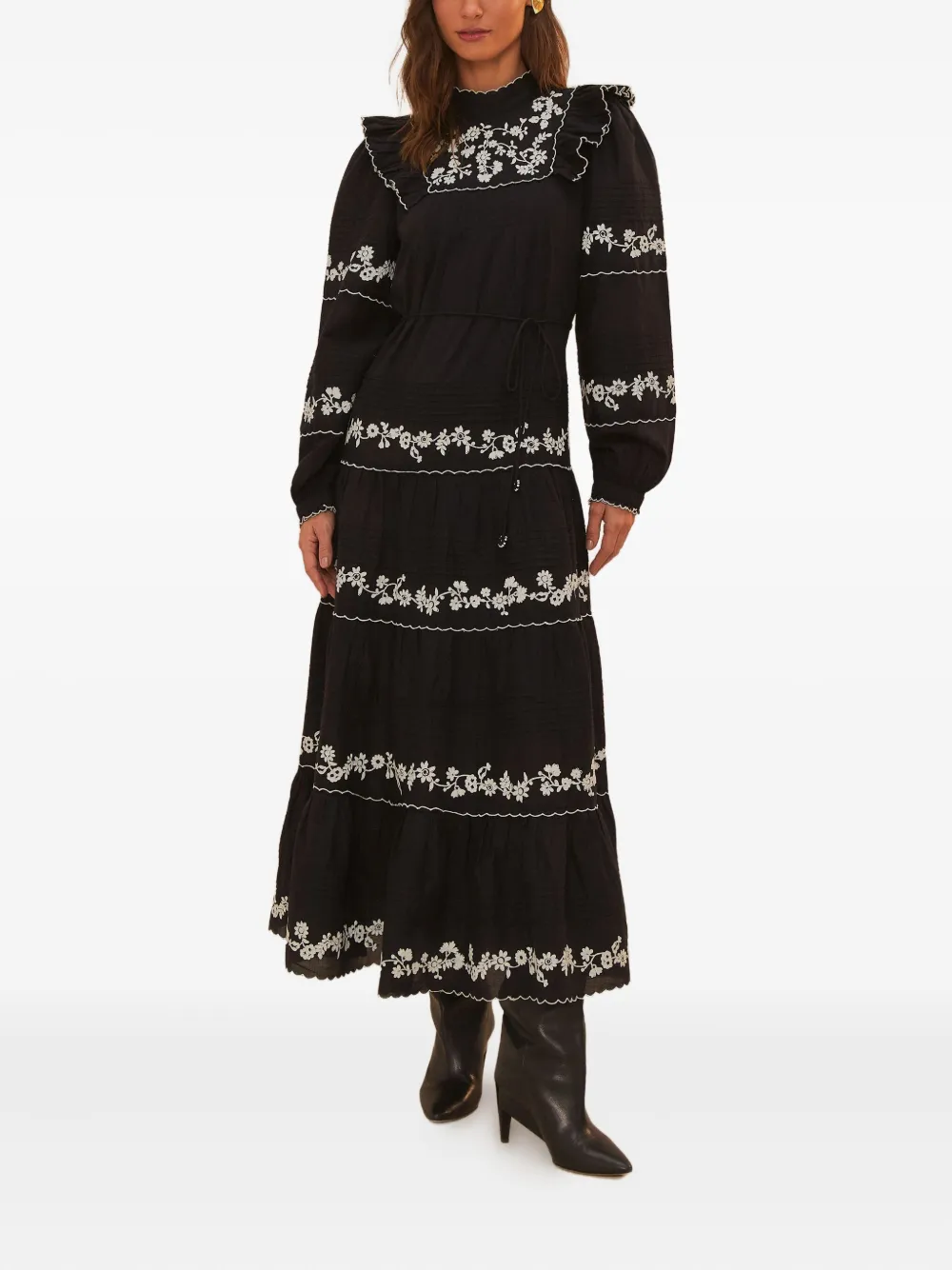 FARM Rio floral-embroidered tiered ruffle dress Zwart