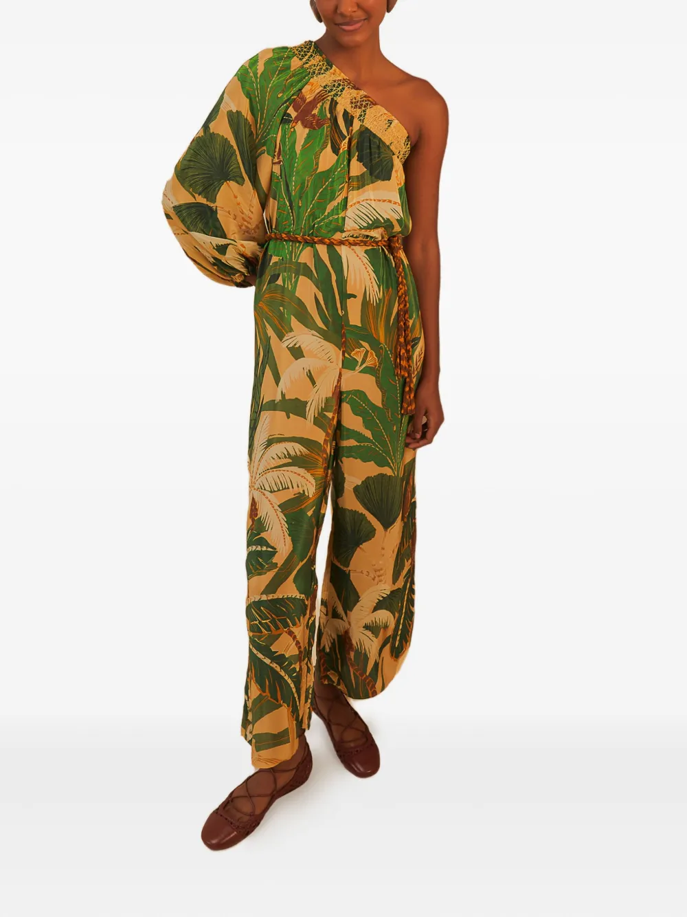 Farm Rio One-shoulder Tropical-print Jumpsuit In Brown