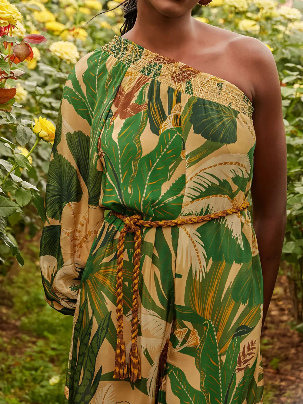 Farm Rio One-shoulder Tropical-print Jumpsuit In Brown
