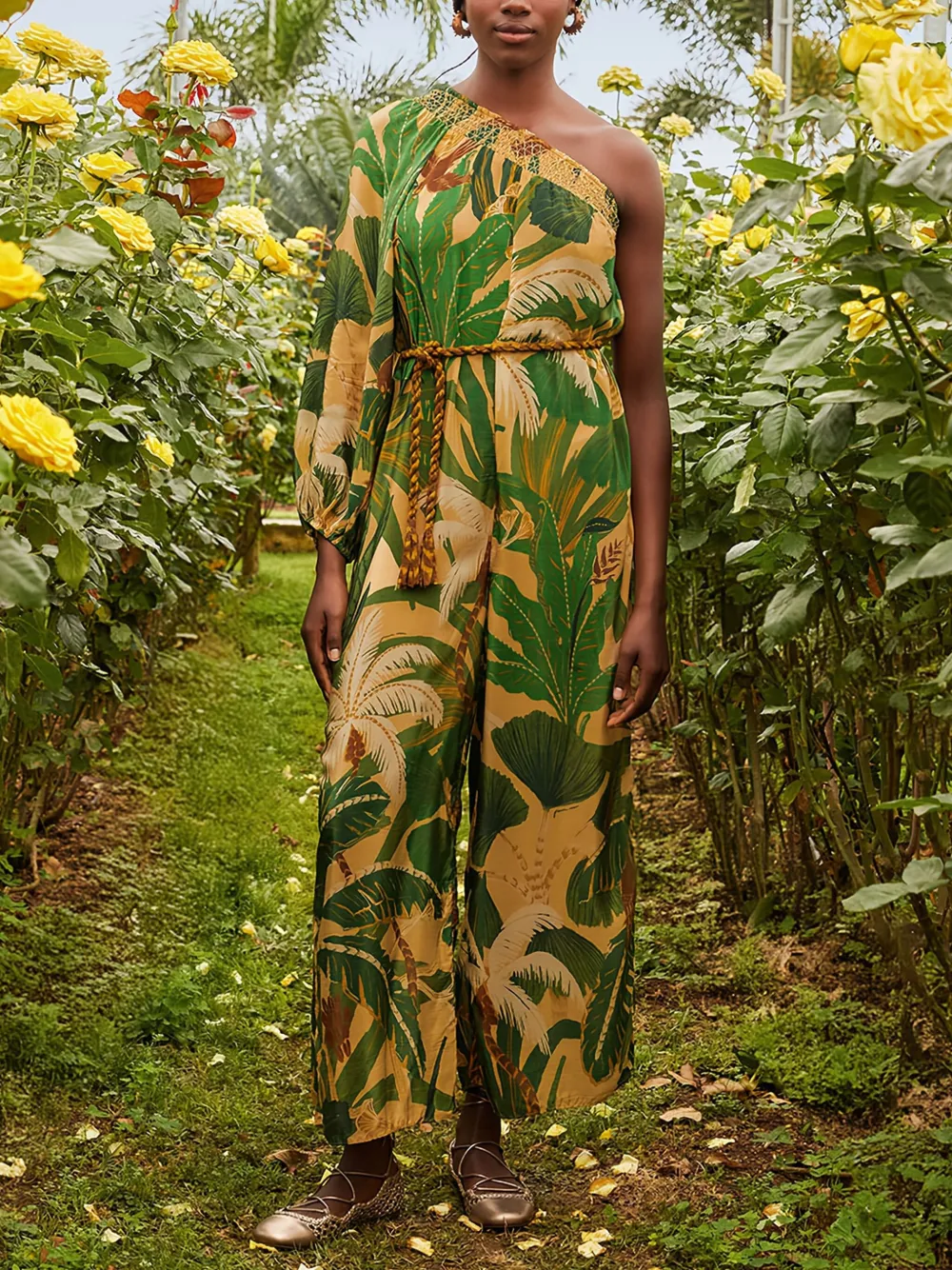 Farm Rio One-shoulder Tropical-print Jumpsuit In Brown