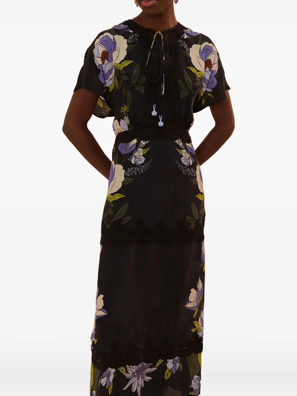 FARM Rio floral-print lace-trimmed midi dress Zwart
