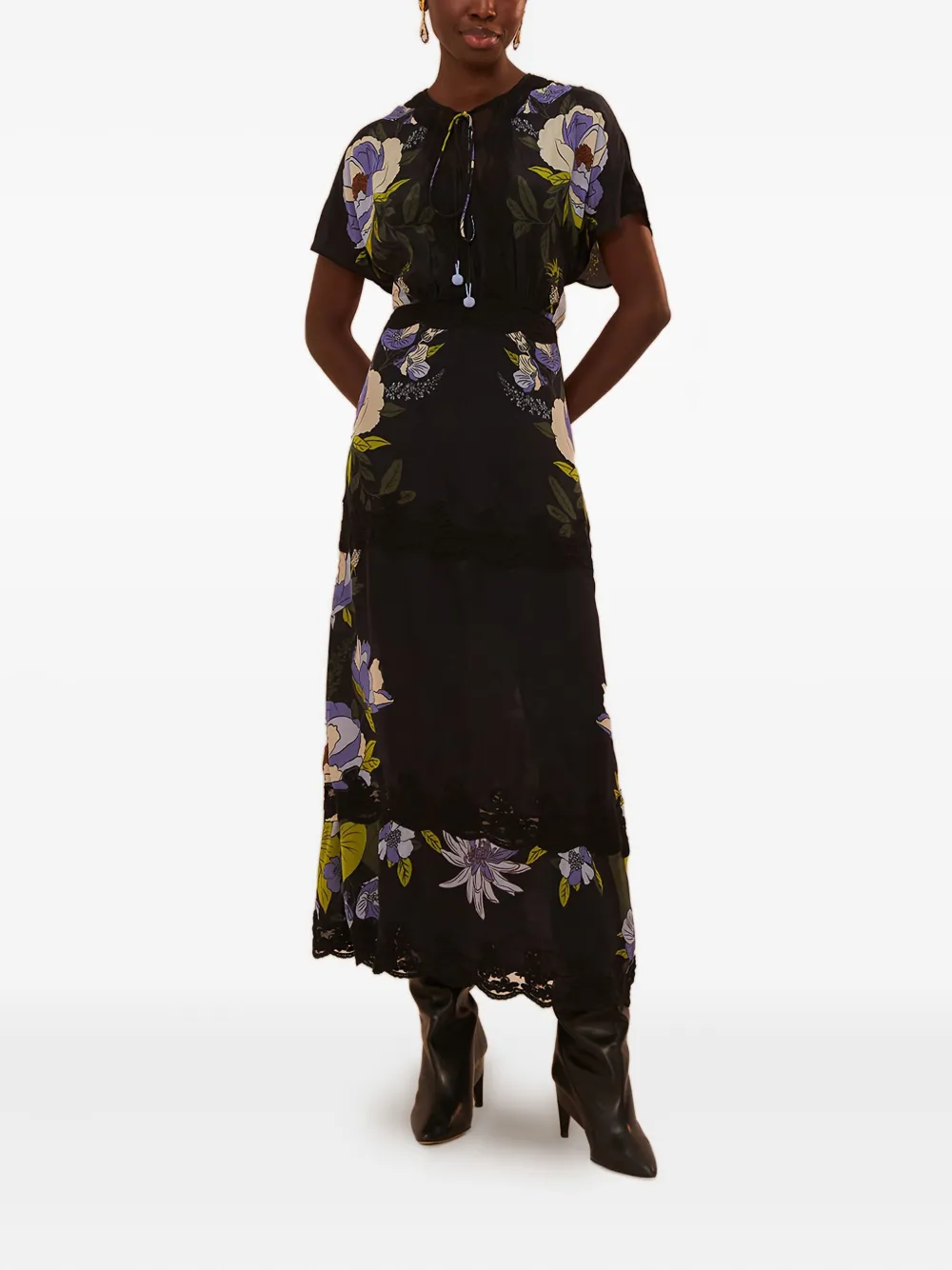 FARM Rio floral-print lace-trimmed midi dress Zwart
