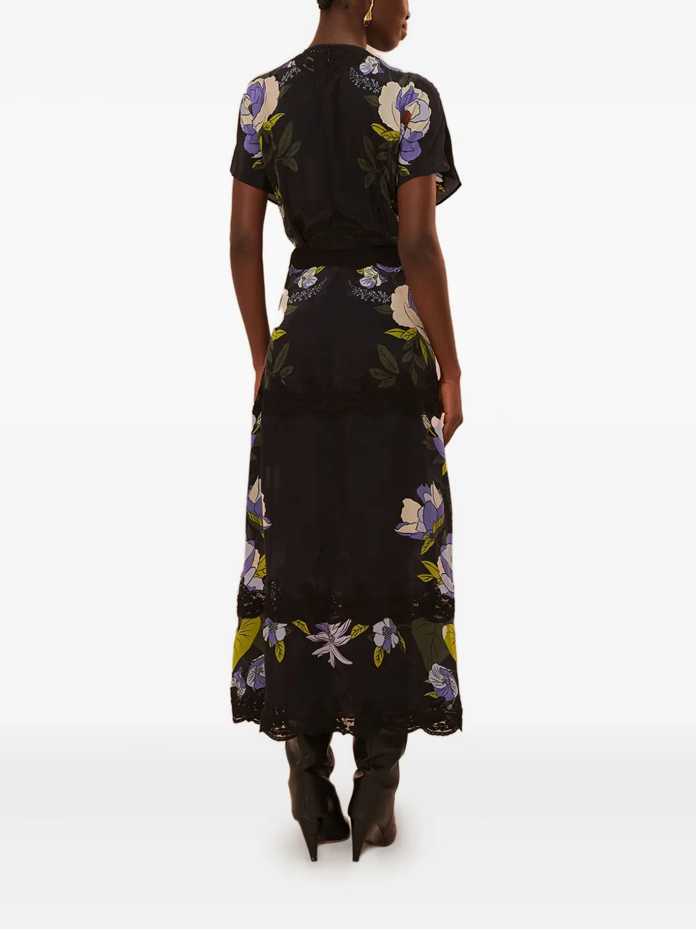 FARM Rio floral-print lace-trimmed midi dress Zwart