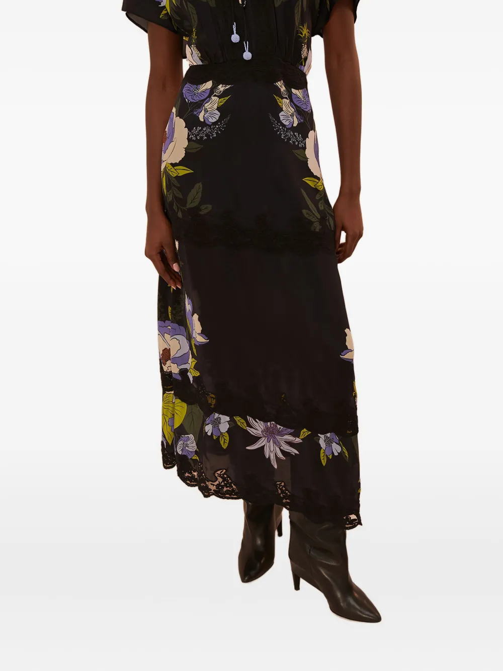 FARM Rio floral-print lace-trimmed midi dress Zwart