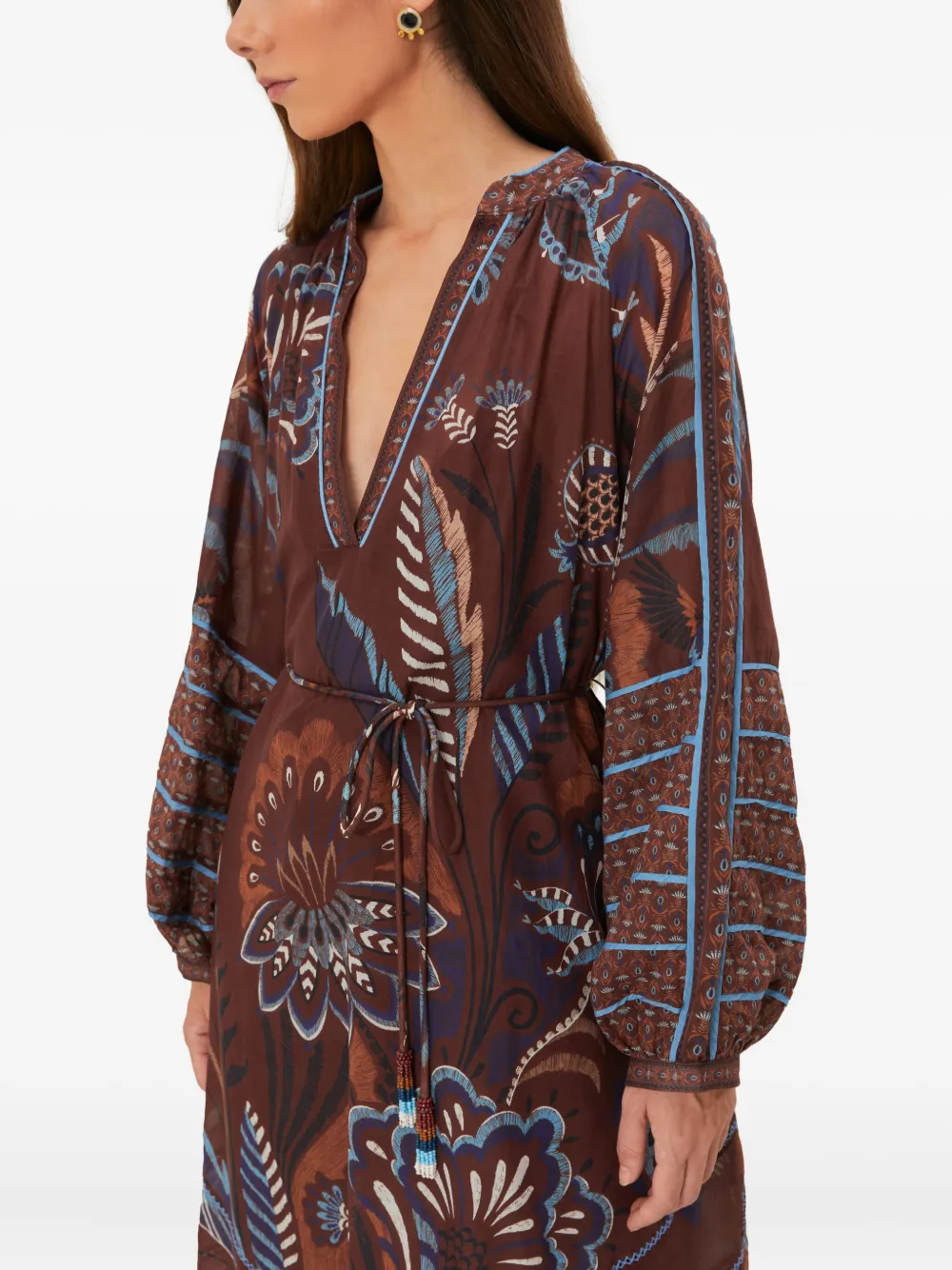 FARM Rio Delicate Garden midi-jurk met V-hals Bruin