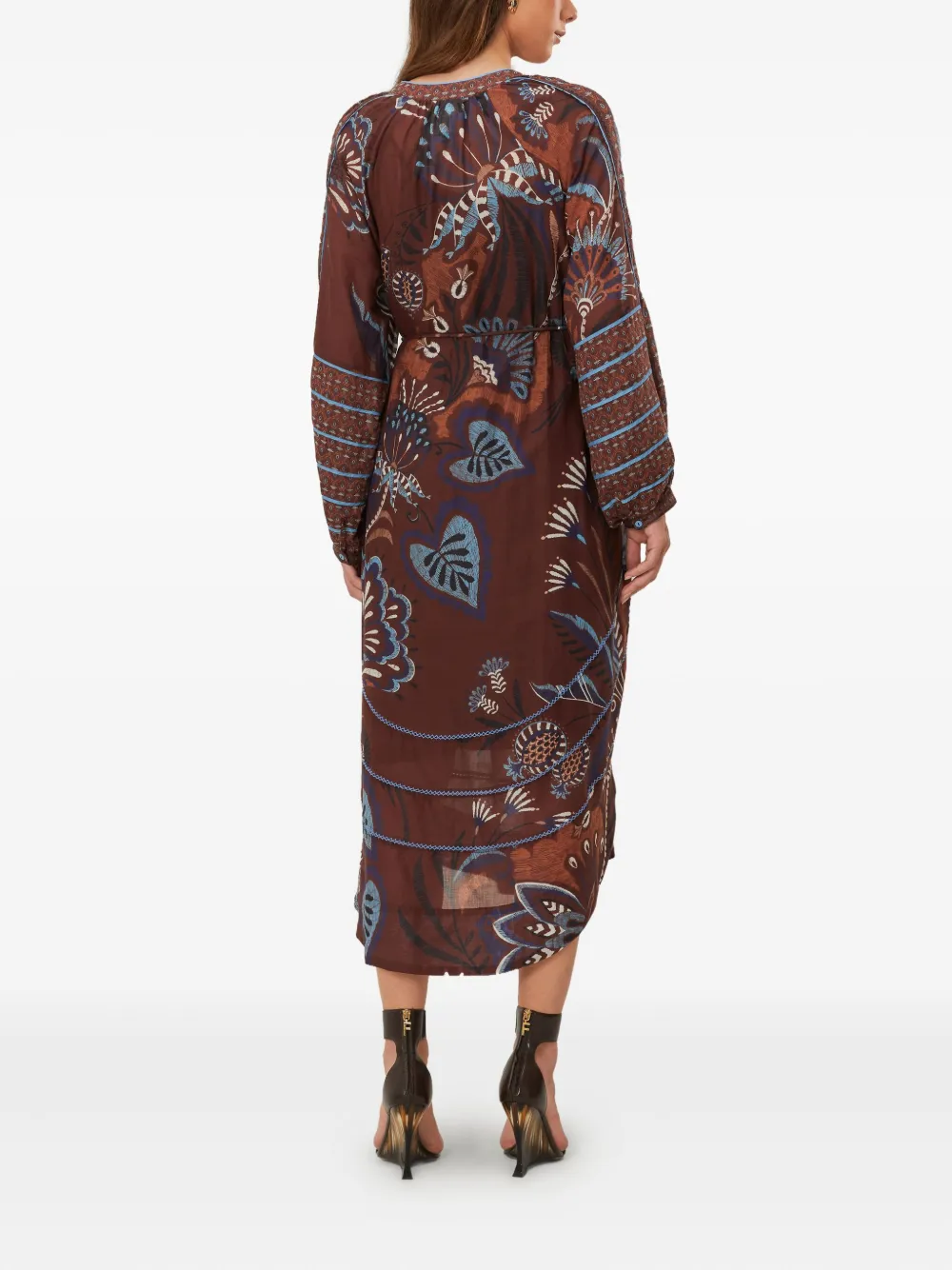 FARM Rio Delicate Garden midi-jurk met V-hals - Bruin