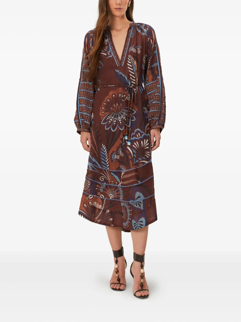 FARM Rio Delicate Garden midi-jurk met V-hals Bruin